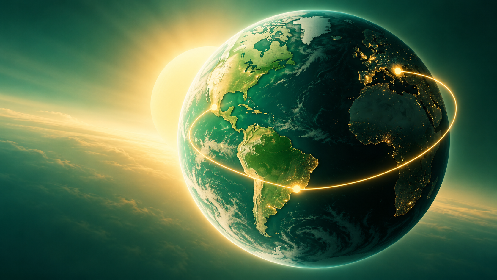 An illustrated globe with a connected route represents global handoffs.