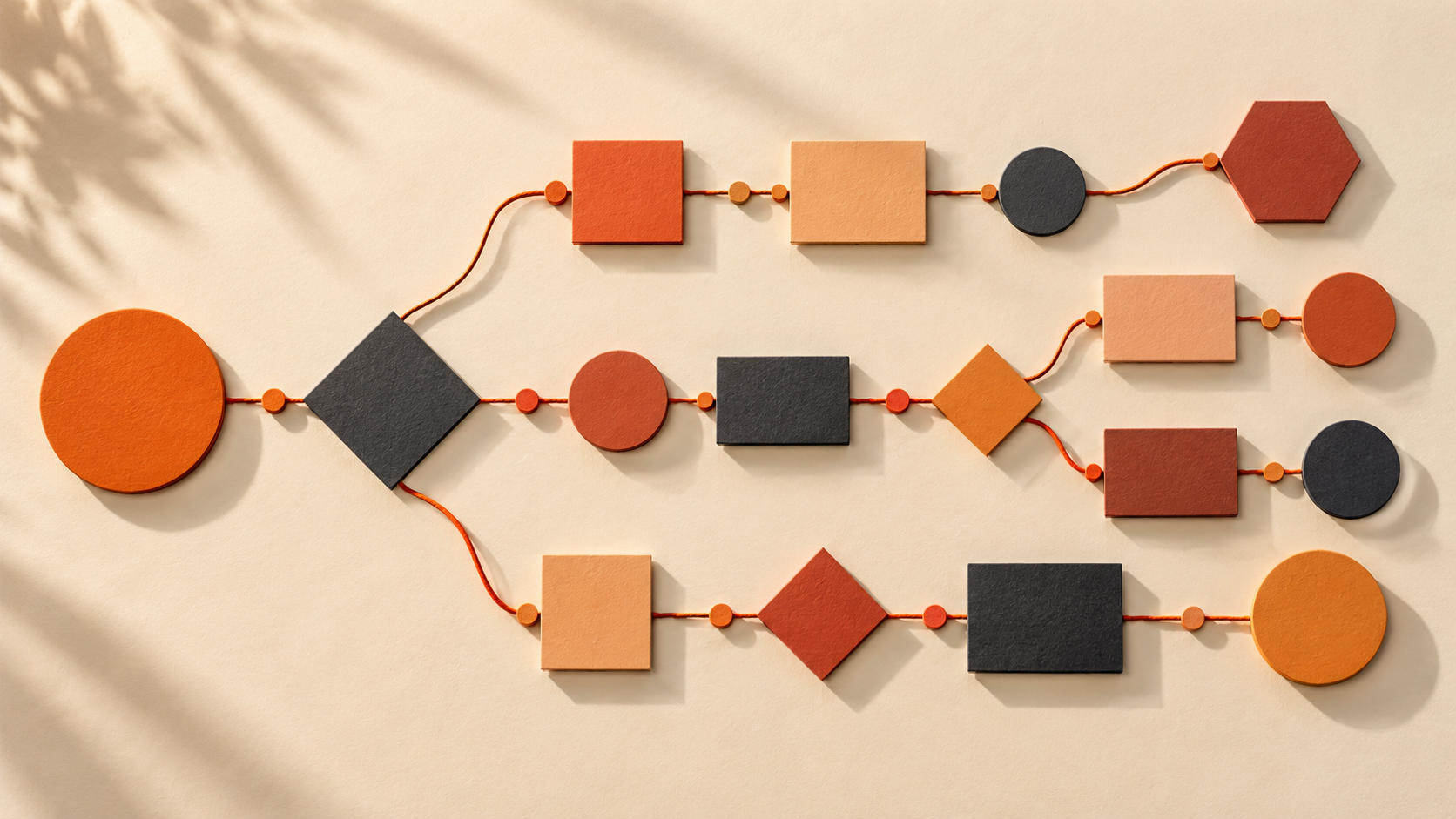 Branching orange and charcoal shapes illustrate a tailored workflow.